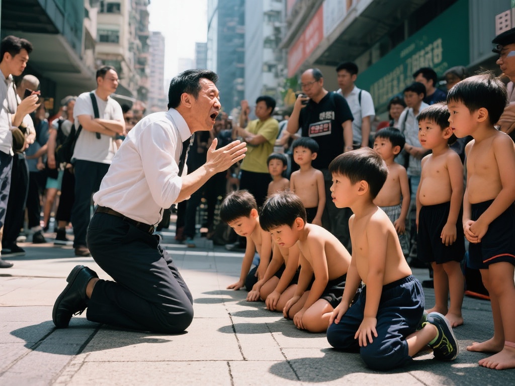 甲亢哥在港遇光膀跪孩,这啥心理状态? 近日,有网友爆料在香港街头目睹了一场让人
